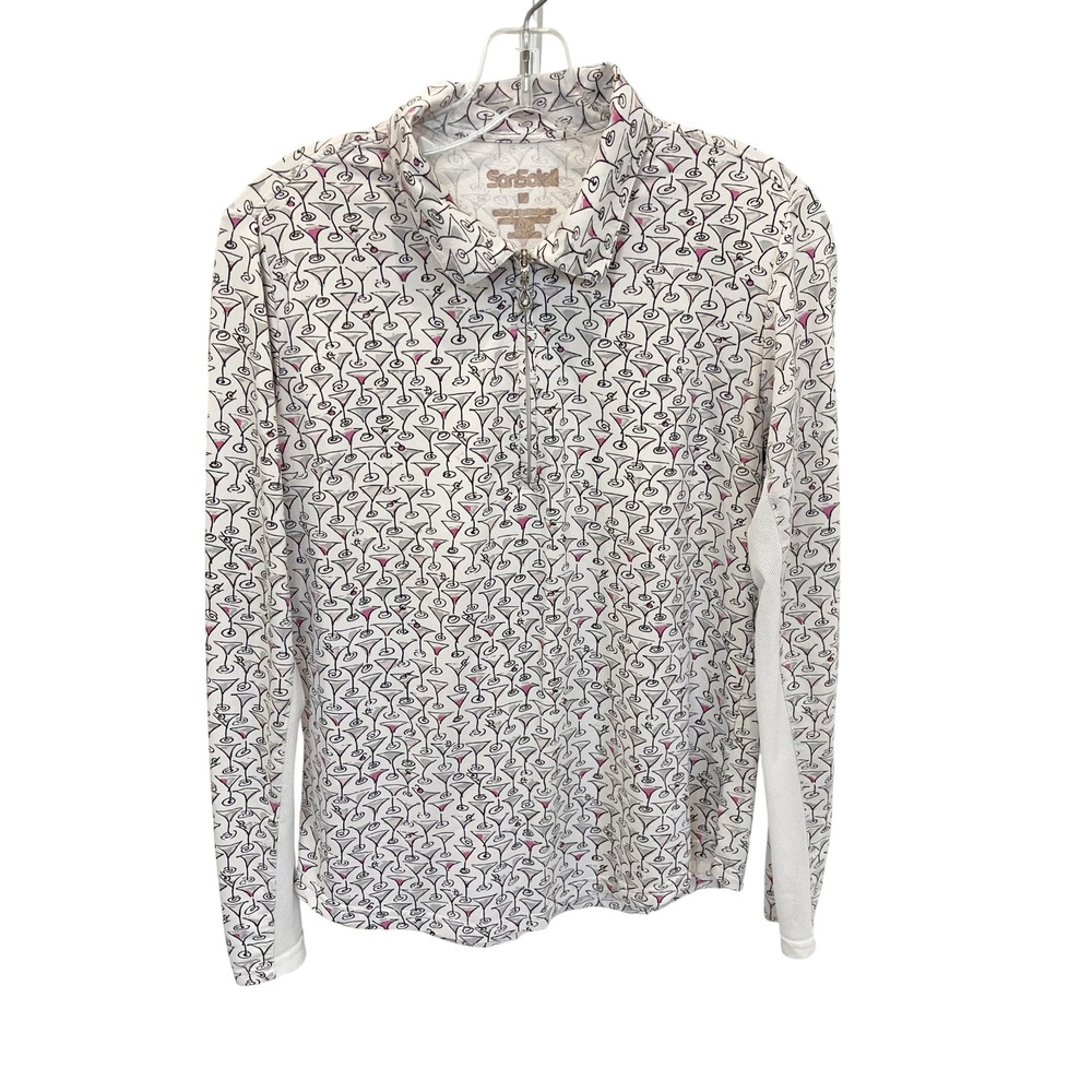 SanSoleil White Martini Print Quarter Zip Ventilated  Mesh Shirt Womens Medium